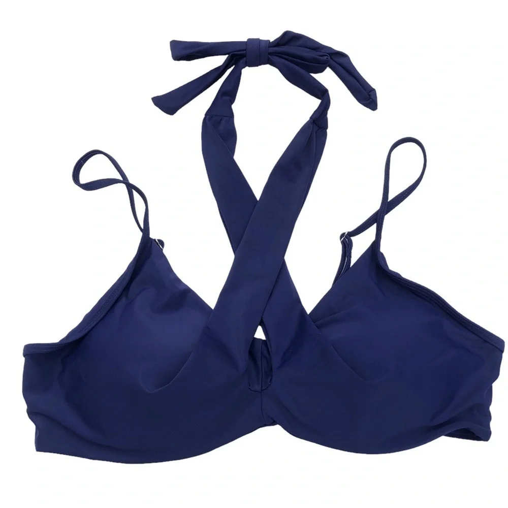 NEW - Navy Blue Underwire Twist Front Halter Tie Spaghetti Strap Bikini Top - XL